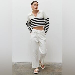 Crescent Black and Cream Striped V-Neck Cropped Sweater sz XS Preppy Nautical